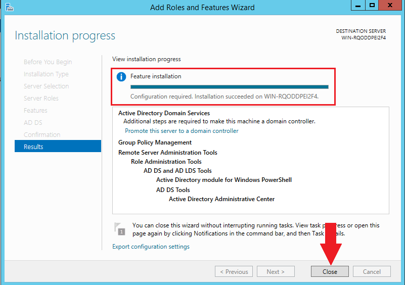 successful installation of the active directory