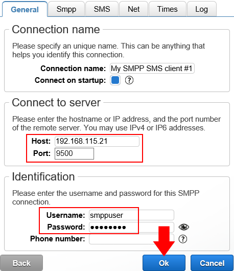 the smpp server login details are filled in the smpp server login details are filled in