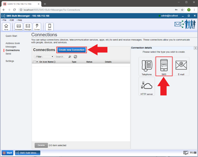 create an sms connection create an sms connection