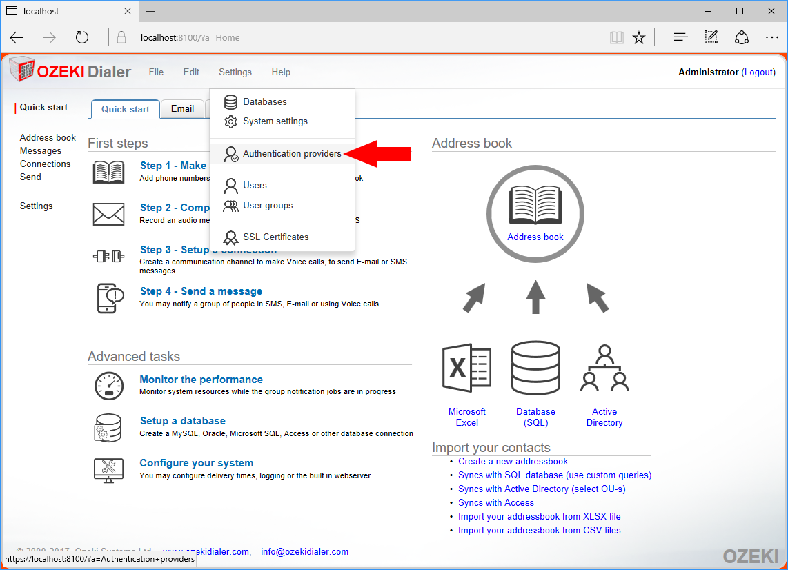 selecting settings or authentication provider from the top menu selecting settings or authentication provider from the top menu