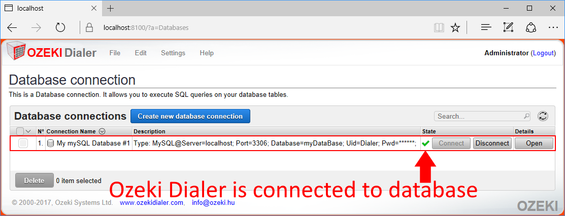 the database connection appears in a new row with a green tick next to it the database connection appears in a new row with a green tick next to it