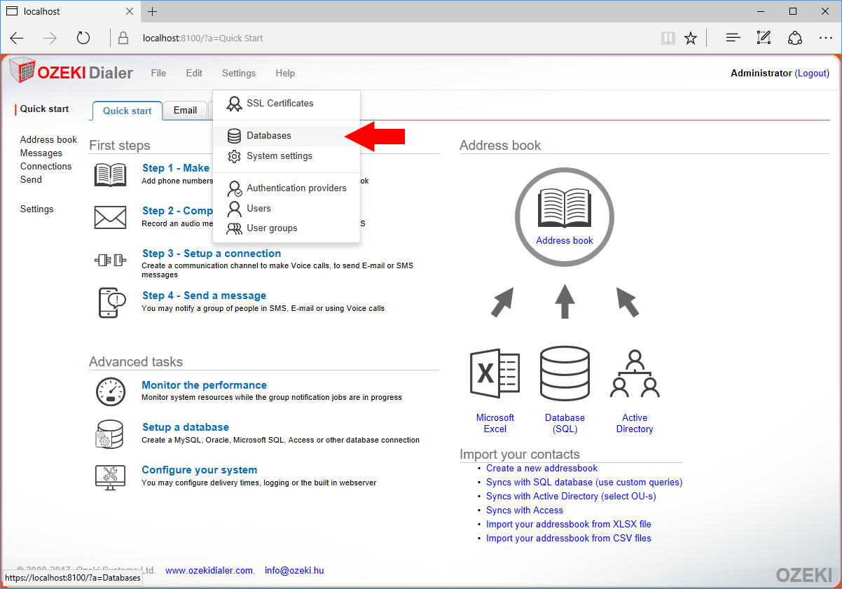 selecting databases from the settings menu selecting databases from the settings menu