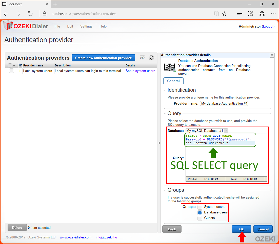 filling the database authentication form and clicking ok filling the database authentication form and clicking ok